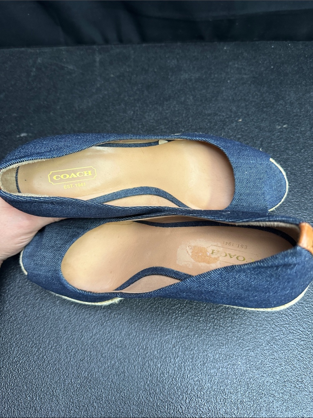 Coach Navy Denim Espadrille Wedges with Tan Leather Trim - Picture 3 of 9